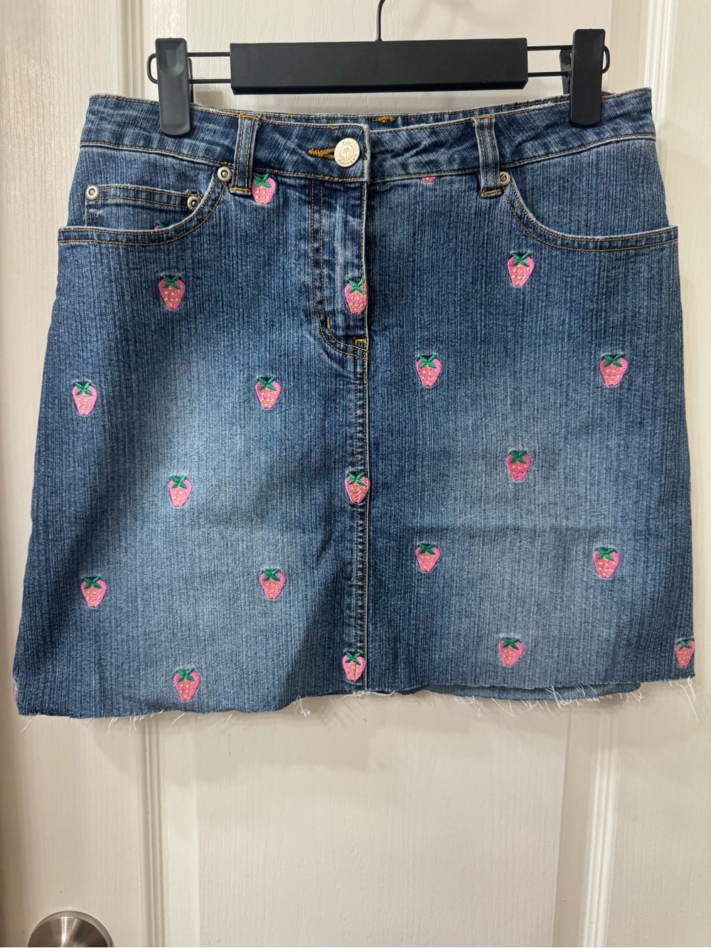 Lilly Pulitzer Blue Denim Mini Skirt with Pink Strawberry Embroidery